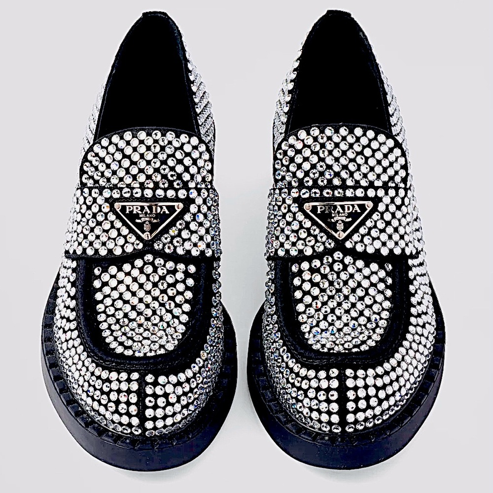 RARE Prada Satin Loafers With Crystals